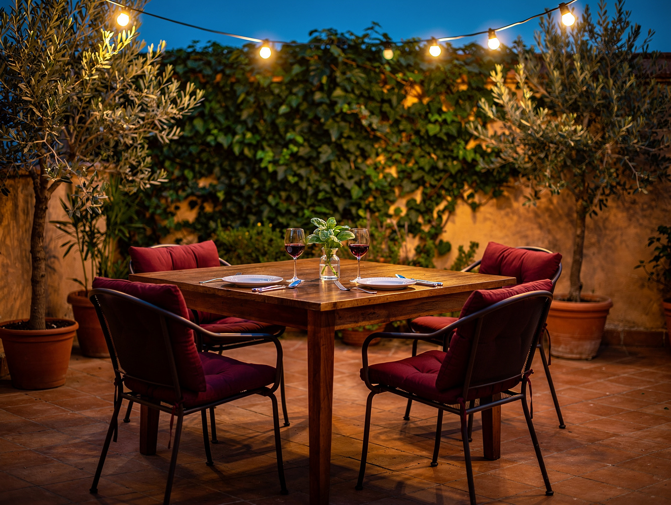 Sheltered outdoor stone portico with dining tables