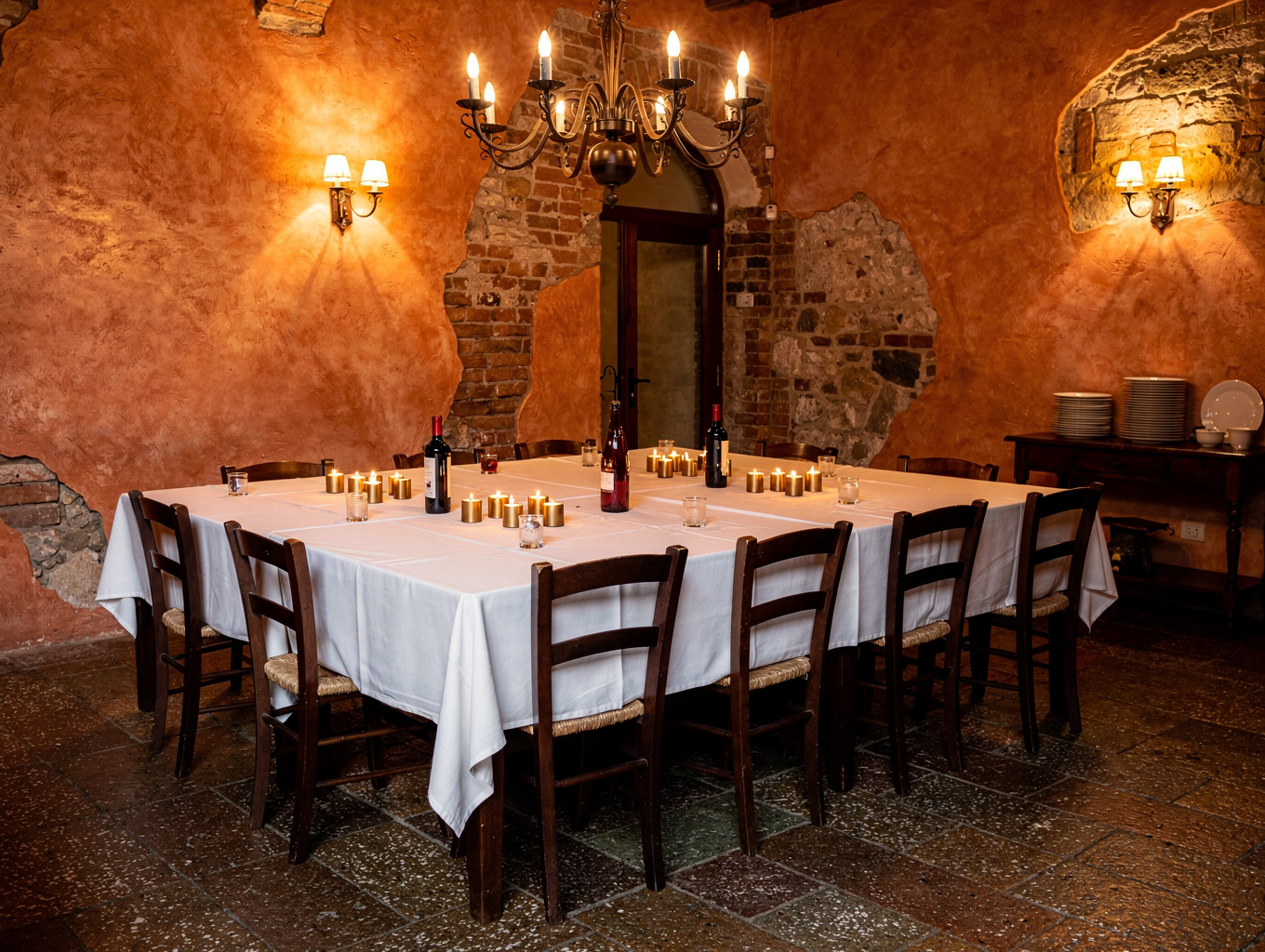 Warm candlelit linen tables in the main dining room