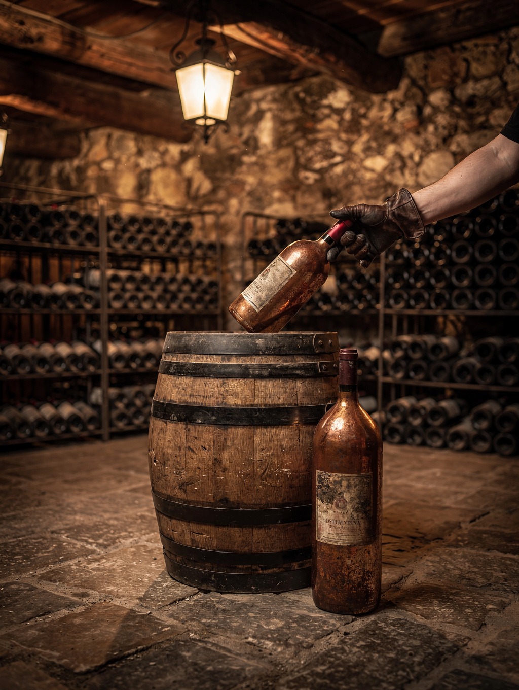 Dark oak wine cellar with vintage Italian bottles