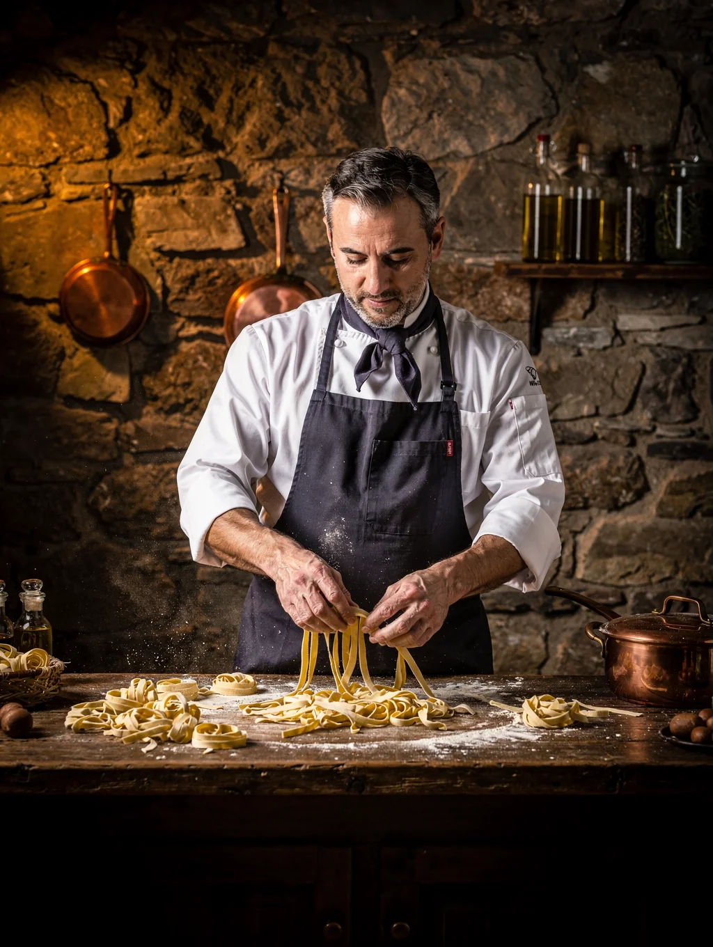 Executive Chef Marco Rossi preparing handmade pasta in the kitchen
