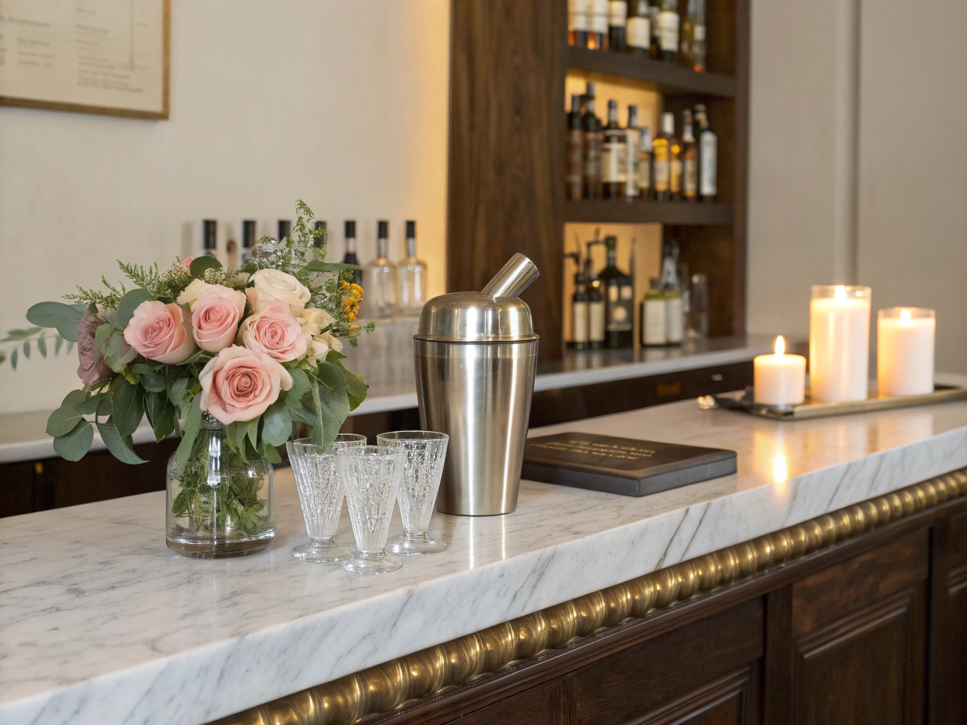 Warmly lit marble bar counter with craft cocktails and amaro bottles