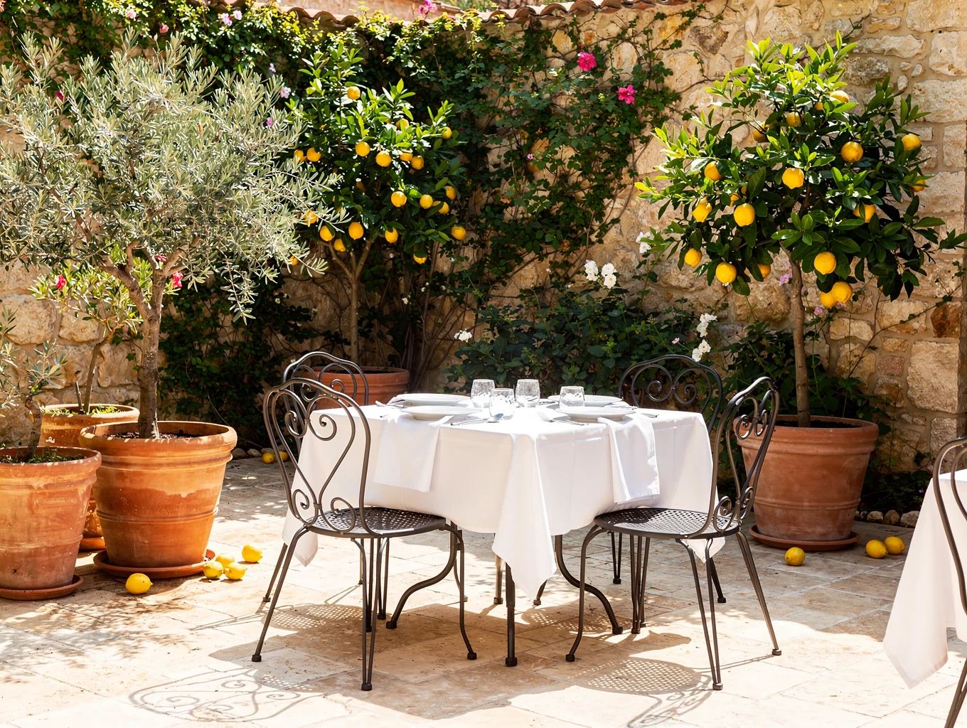 Outdoor restaurant terrace with potted lemon trees and sunny seating