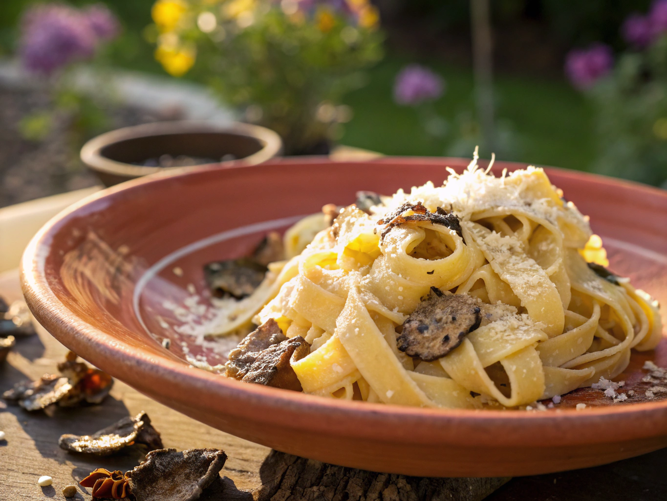 Plate of freshly prepared truffle pasta with shaved truffles