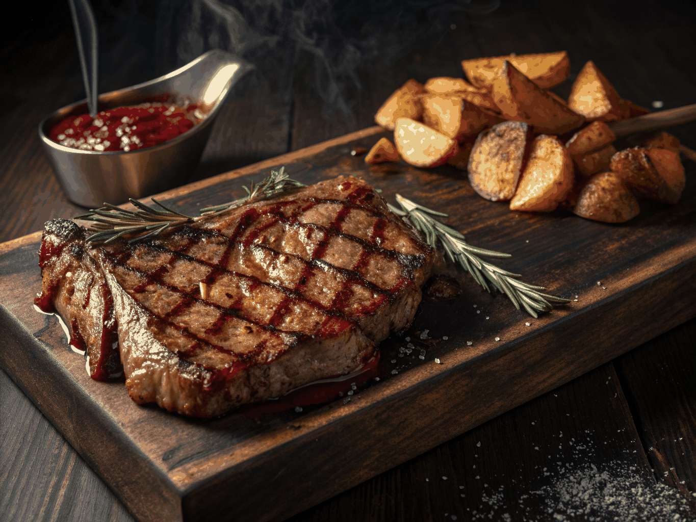 Grilled Florentine steak sliced and seasoned with fresh rosemary and sea salt