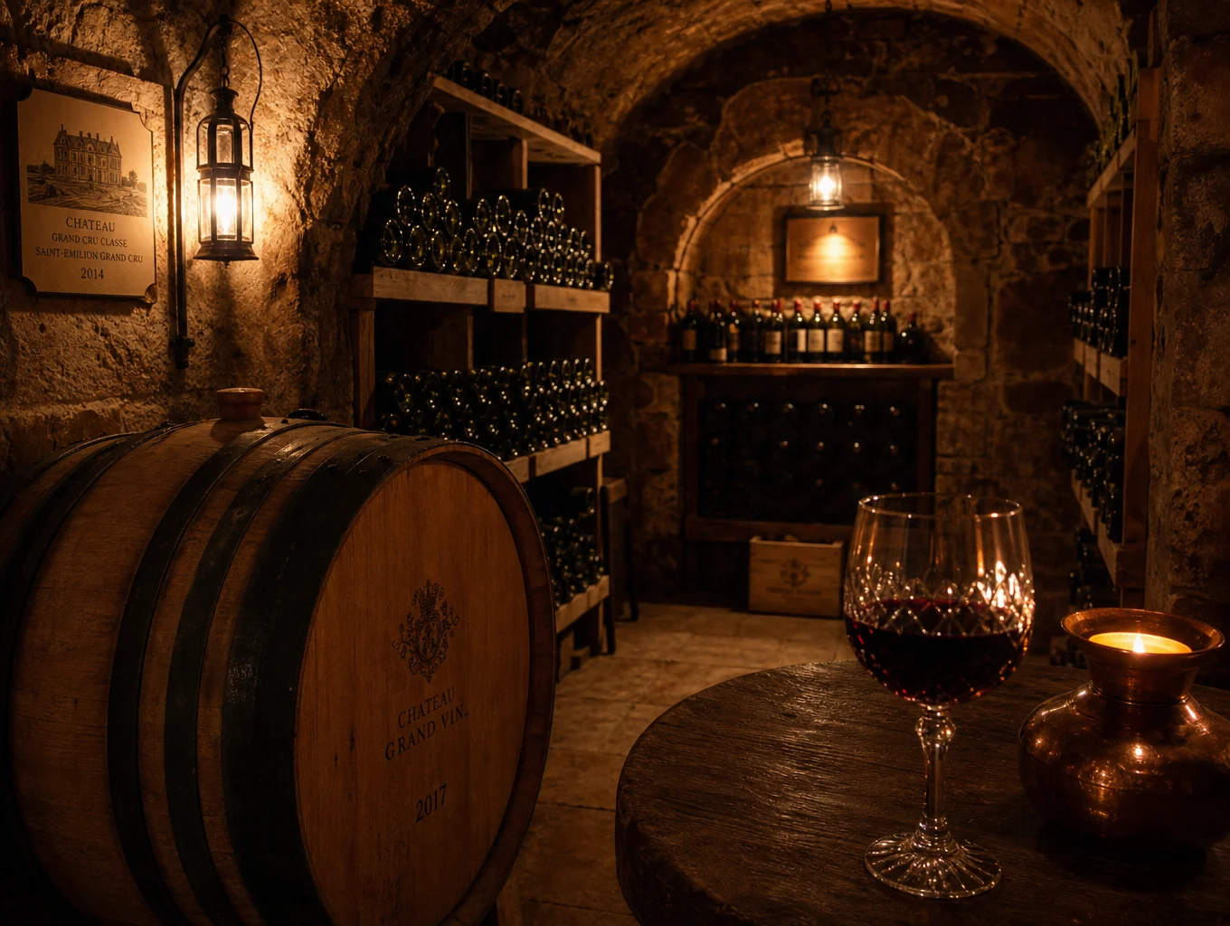 Cozy subterranean wine cellar with private wooden dining table and wine bottles