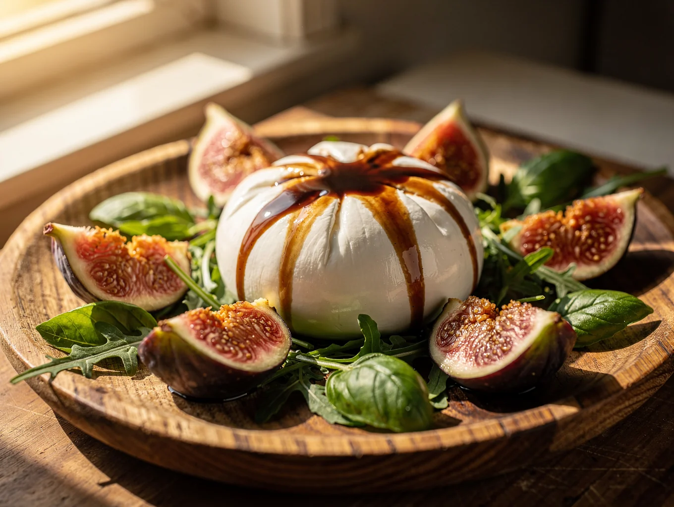 Creamy artisan burrata crowned with roasted figs and balsamic reduction