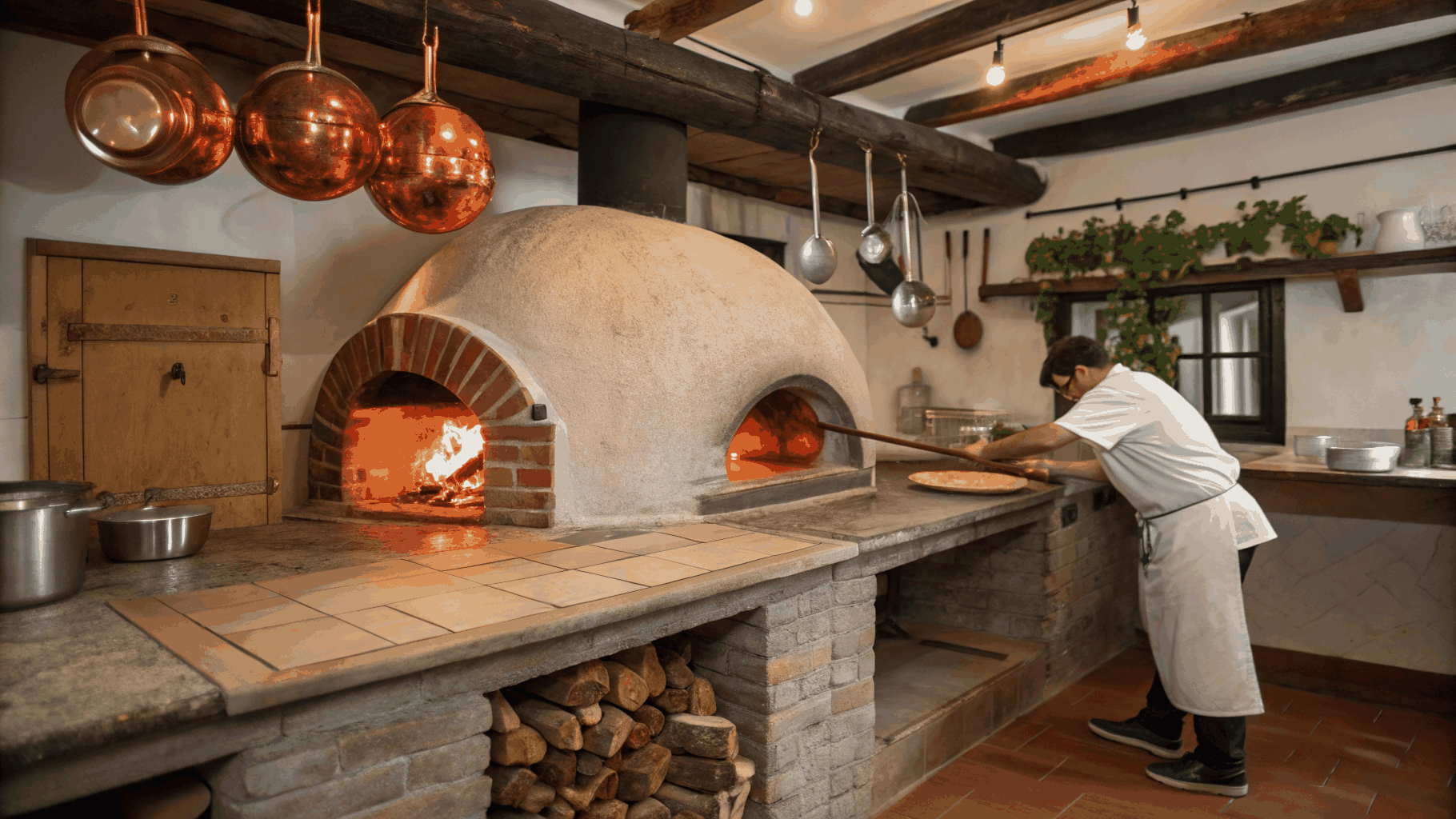Artisanal pasta making and wood-fired oven atmosphere at Cucina