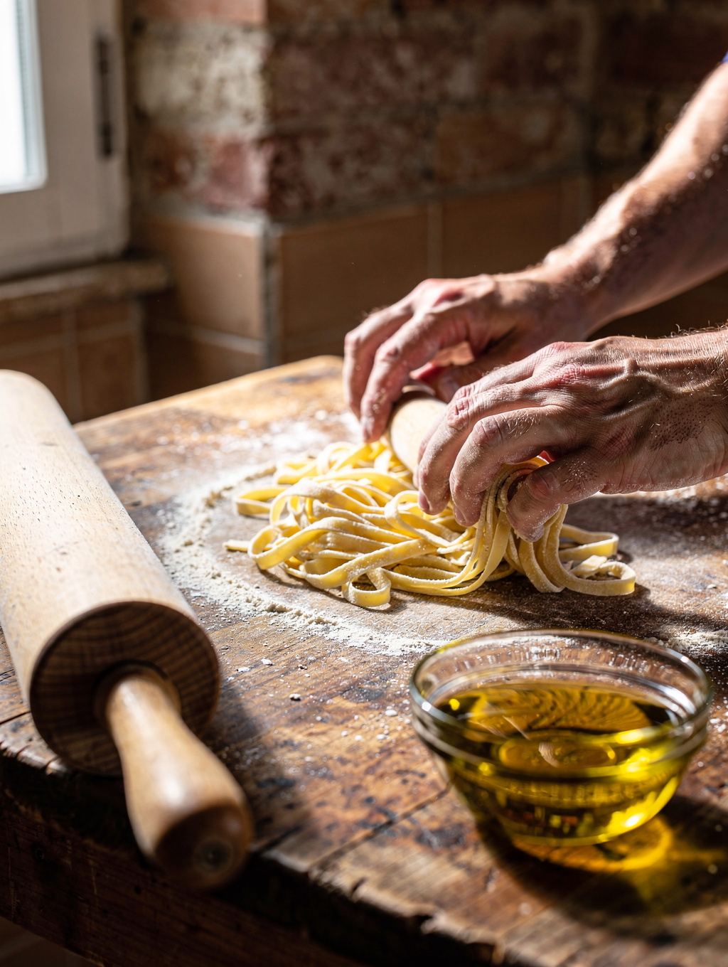 Artisanal pasta maker dusting fresh tagliatelle flour beside bottles of Tuscan olive oil