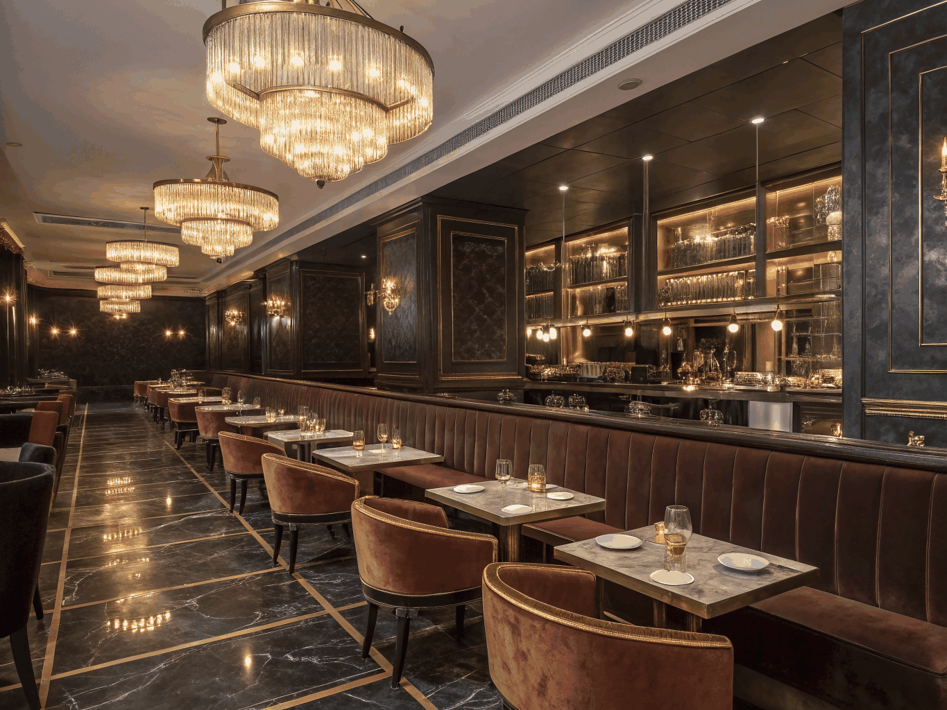 Full restaurant interior dining setup for buyout events
