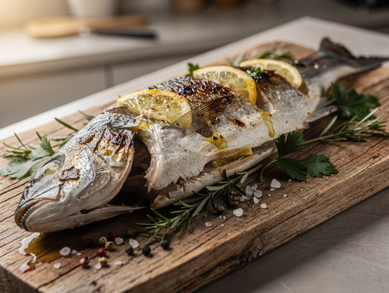 Wood-fired whole branzino with fresh caperberries and charred lemon